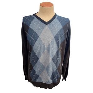 Geoffrey Beene Mens XL Pullover Gray Blue Extra Soft Argyle Sweater